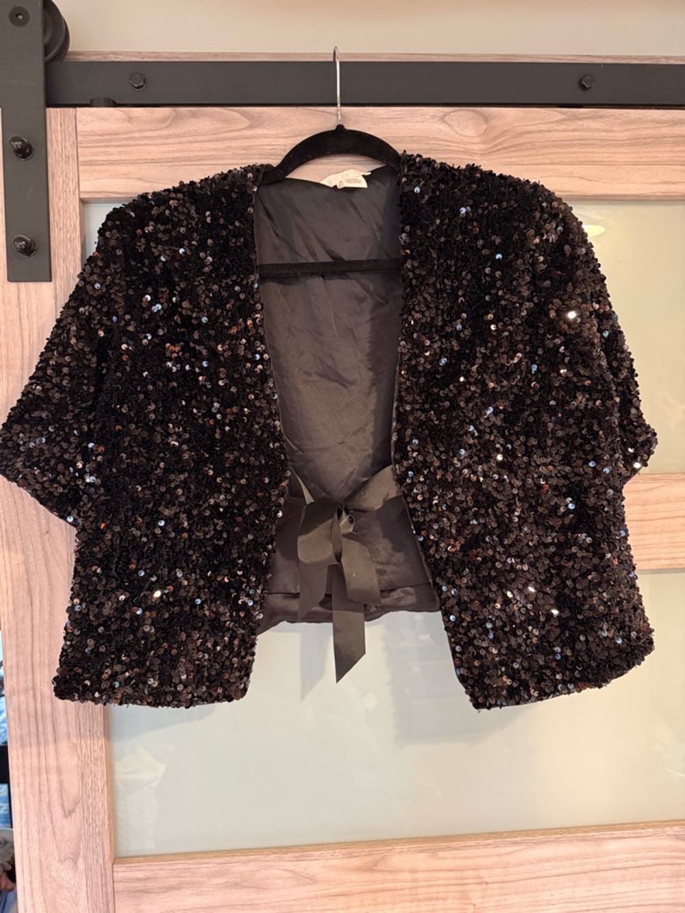 H&M Black Sequin Cropped Blazer with Tie Front L